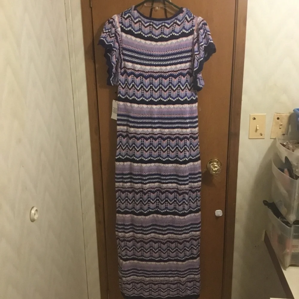 Jessica Simpson Purple Blue and White Striped Chevron Crochet Knit Midi Dress L - Picture 4 of 12